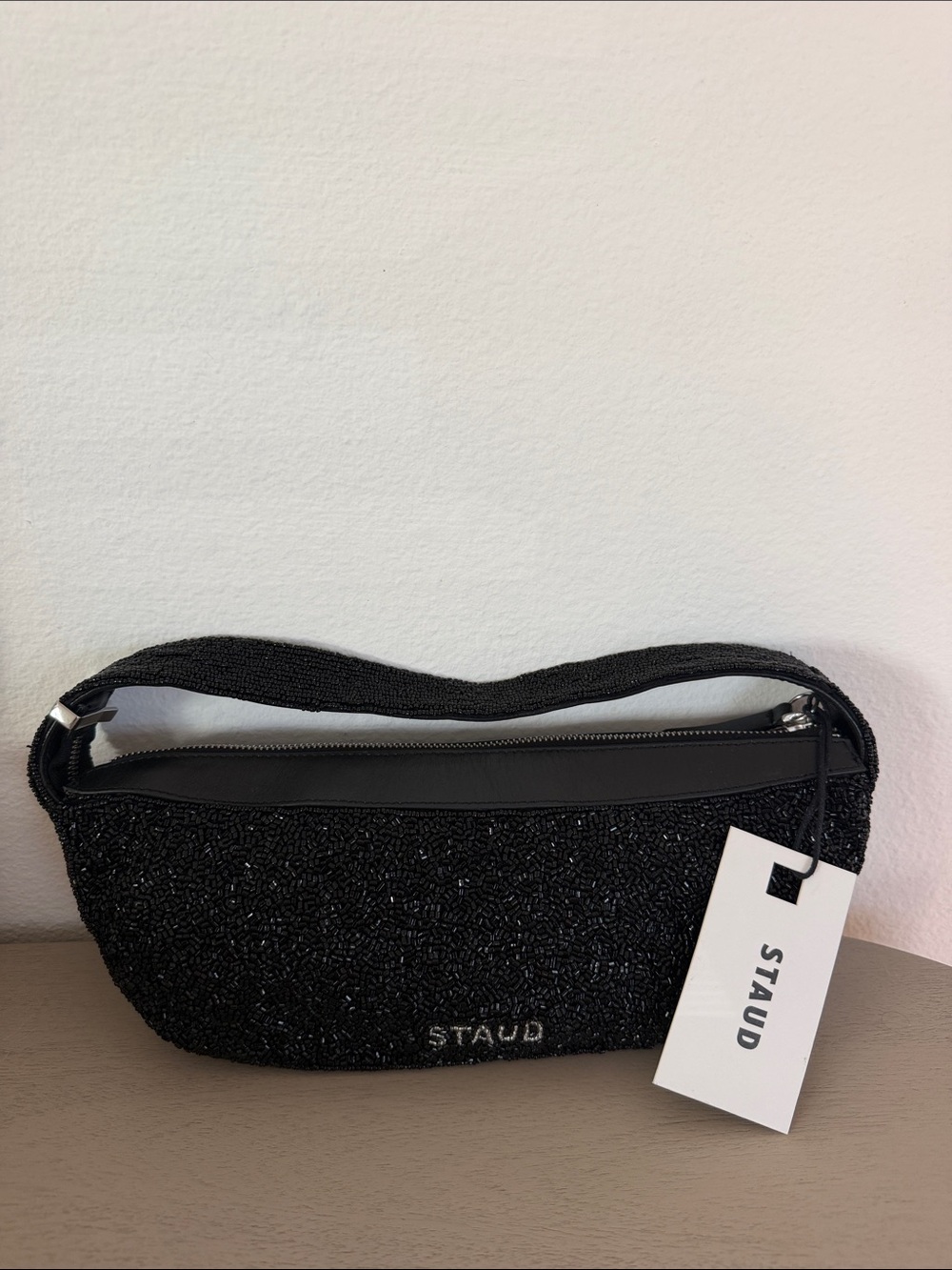 STAUD Black Beaded Shoulder Bag with Top Zip
